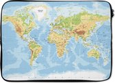 Laptophoes 14 inch - Wereldkaart - Aardrijkskunde - Atlas - Laptop sleeve - Binnenmaat 34x23,5 cm - Zwarte achterkant