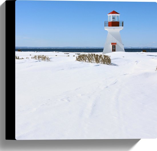 WallClassics - Toile - Phare sur la plage Wit - 30x30 cm Photo sur toile (Décoration murale sur toile)