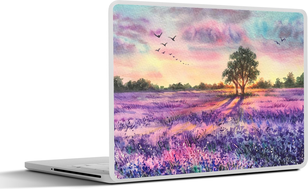 Laptop sticker - 13.3 inch - Lavendel - Verf - Vogels - Bomen - Paars - 31x22,5cm - Laptopstickers - Laptop skin - Cover