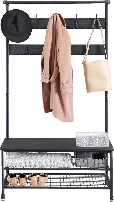 Zwarte kapstok met een bruine jas, zwarte hoed, beige tas en paraplu's.