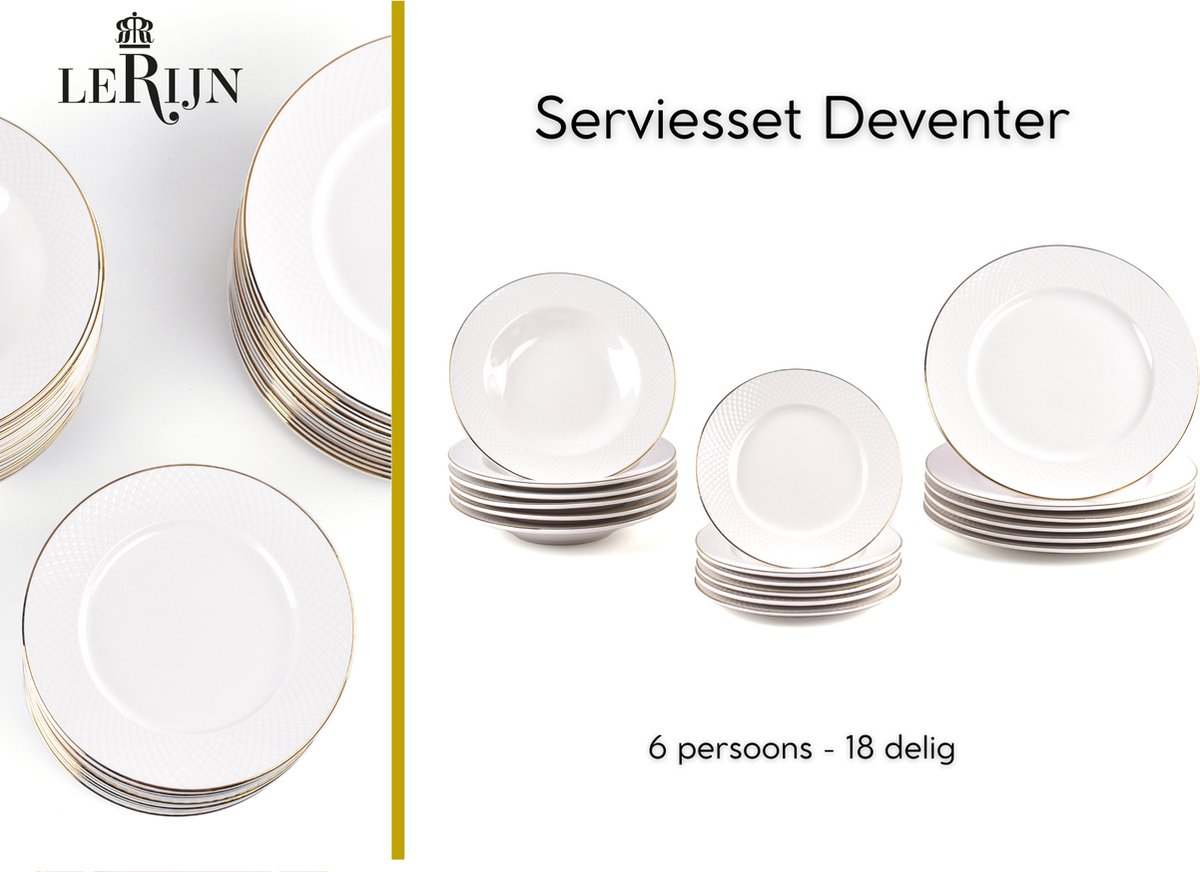 LeRijn® Serviesset Deventer 6 persoons - 18 delig - Licht crème wit met gouden rand en motief - Dinerborden - Soepborden - Dessertborden - Borden servies - Bordenset