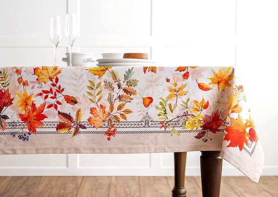 ESSEX - Tafelkleed Stems, 145 x 220 cm, tafelkleed, 100% polyester, afwasbaar, bladeren - beige