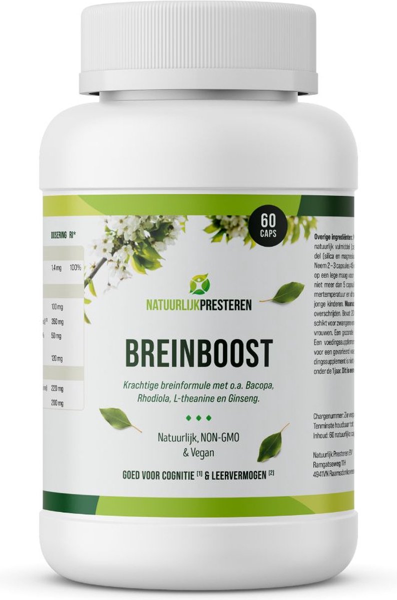 Goedkoopste Breinboost - Natuurlijke Nootropics - Bacopa, Rhodiola, Ginseng, L-theanine - Focus & Creativiteit - Concentratie pillen - 60 caps