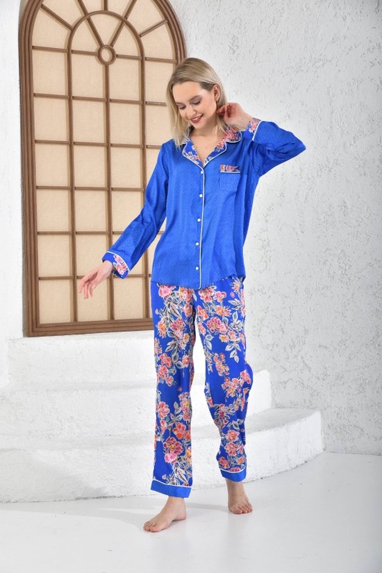 Satijn Dames 2- Delige -Pyjama- Luxe Pyjamaset- Nachtkleding Blauw Bloemen Print Maat XXL