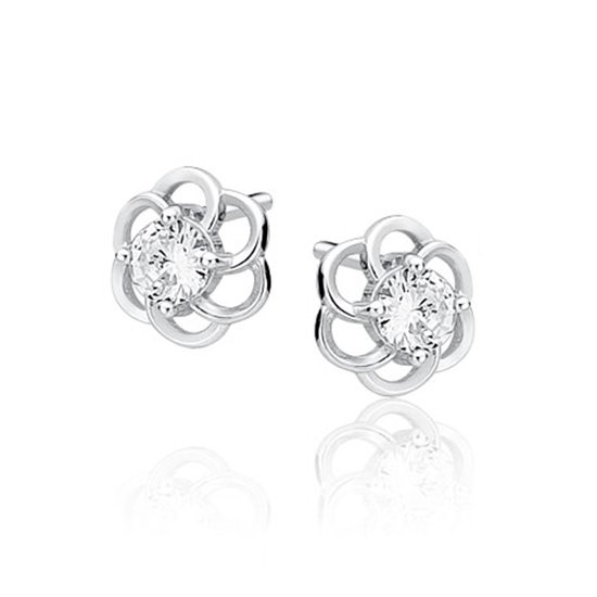 Joy|S - Zilveren elegante bloem oorbellen - 8 mm - zirkonia wit - gehodineerd