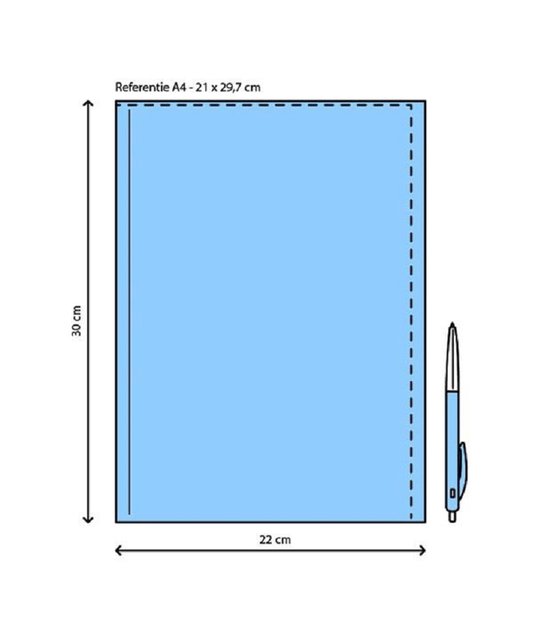 Schematische weergave van een blauw notitieboek van 30 x 22 cm, met een pen ernaast.