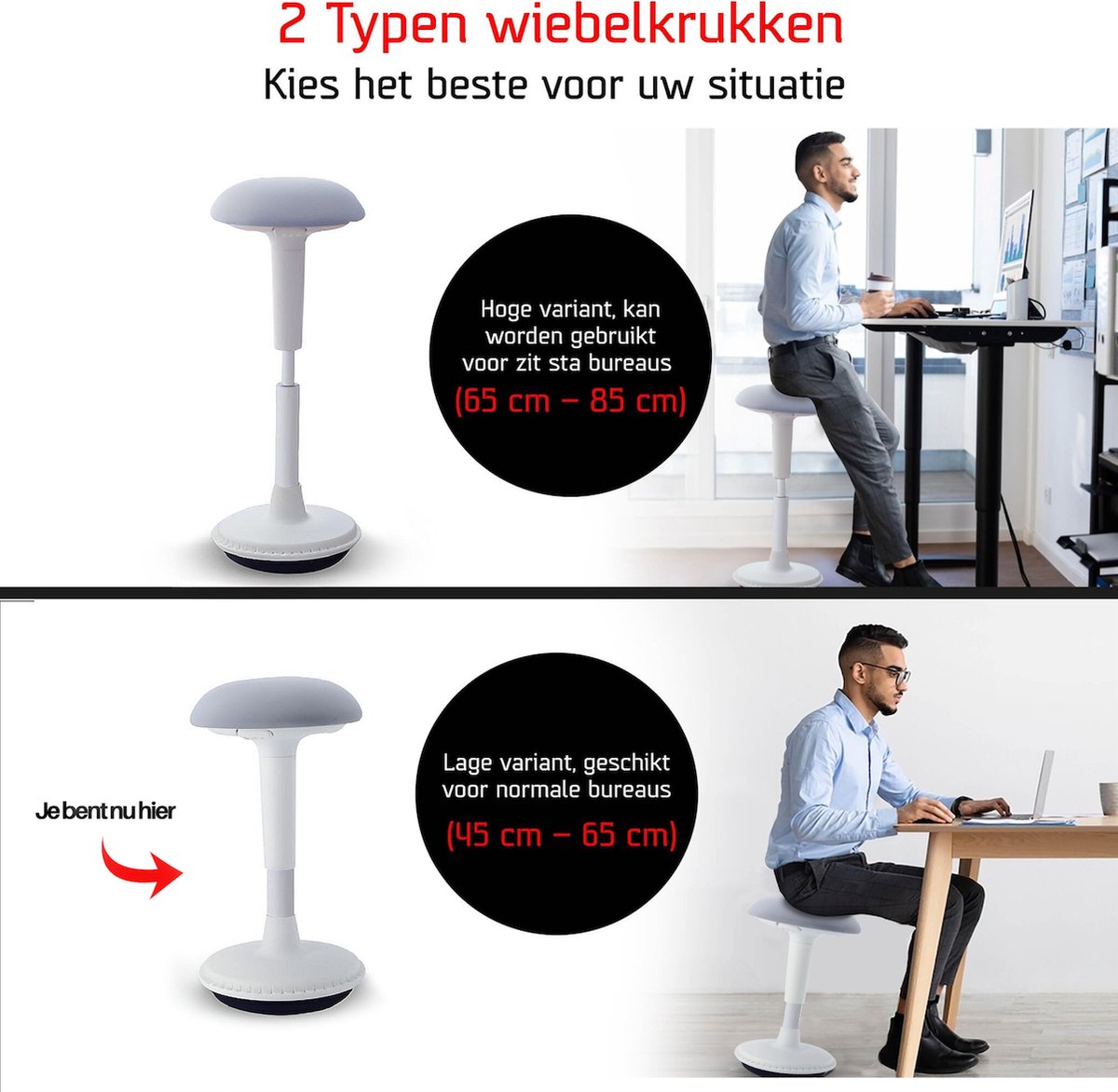 Ergonomische Wiebelkruk In Hoogte Verstelbaar 45-65 cm Wit - afbeelding 3