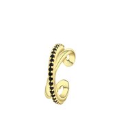 Lucardi Dames Goldplated earcuff kruis zirkonia zwart - Oorbellen - Cadeau - Echt Zilver - Goudkleurig