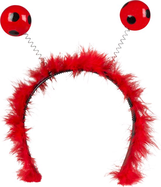 Rode diadeem met zwarte stippen en veren, met twee spiraaltjes met rode lieveheersbeestjesbolletjes.