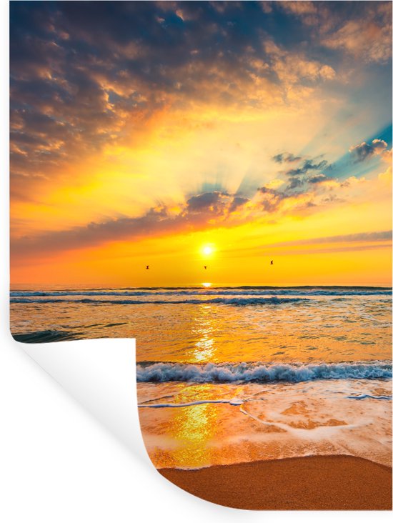 Muurstickers - Sticker Folie - Zonsondergang - Strand - Zee - Wolken - Oranje - 120x160 cm - Plakfolie - Muurstickers Kinderkamer - Zelfklevend Behang XXL - Zelfklevend behangpapier - Stickerfolie