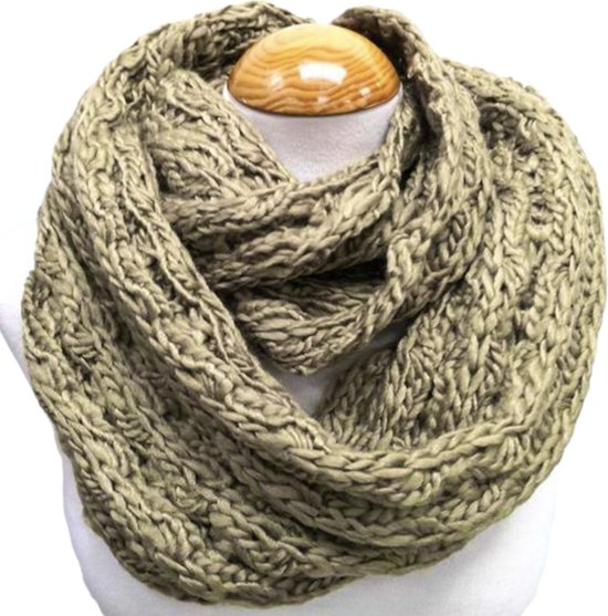 Grof Gebreide Loop Sjaal - Colsjaal - Khaki - 60 x 30 cm (14-5)