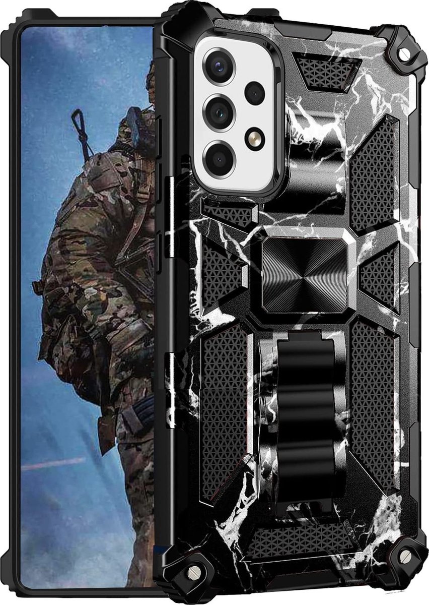 Hoesje Geschikt Voor Samsung Galaxy A53 hoesje rugged extreme backcover met ring houder Camouflage Marmer - Zwart