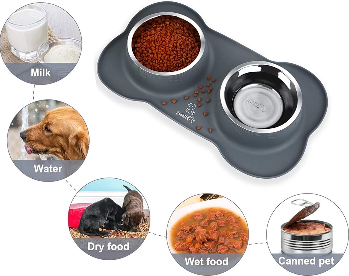 Pecute Hondenkommen Antislip, Roestvrijstalen Dubbele oKmmen Set met Anti-lek Siliconen Mattenbakje voor Middelgrote Honden Watervoer Voeren (26oz elke kom, grijs)