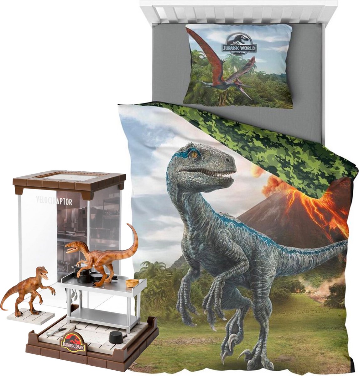 Jurassic World Dino Dekbedovertrek- 140x200- Polyester- 1persoons- Dinosaurus- incl. Jurassic World Velociraptor figurine