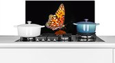Spatscherm keuken 70x30 cm - Kookplaat achterwand Vlinder - Bloemen - Insect - Portret - Zwart - Oranje - Muurbeschermer - Spatwand fornuis - Hoogwaardig aluminium