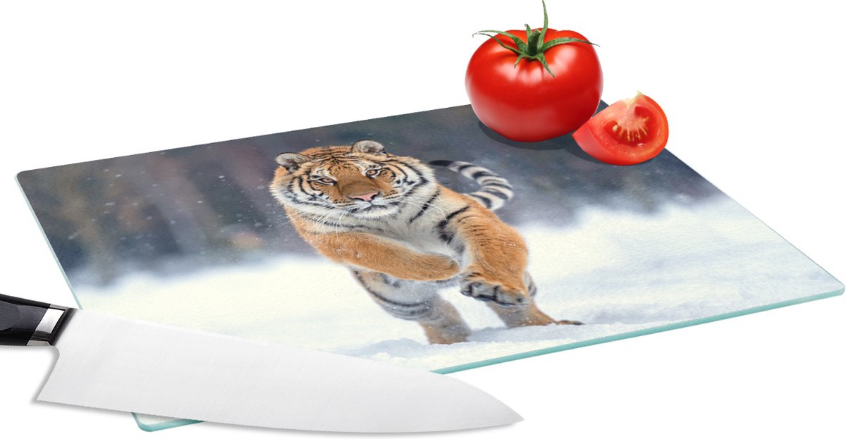 Glazen Snijplank - 28x20 - Tijger - Landschap - Sneeuw - Winter - Dieren - Snijplanken Glas