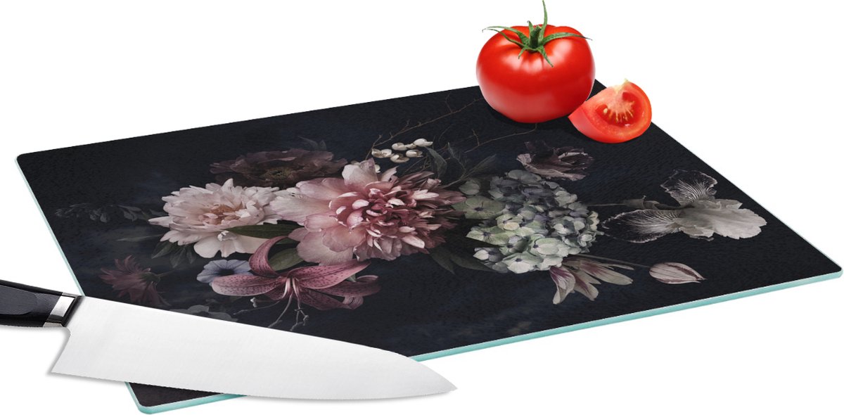 Glazen Snijplank - 39x28 - Bloemen - Vintage - Pastel - Roze - Wit - Snijplanken Glas