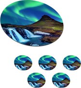Sous-verres pour verres - Ronds - Aurores boréales - Ciel étoilé - Islande - Berg - Vert - Cascade - Lac - 10x10 cm - Sous-verres en verre - 6 pièces