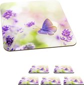 Onderzetters voor glazen - Lavendel - Vlinder - Bloemen - 10x10 cm - Glasonderzetters - 6 stuks