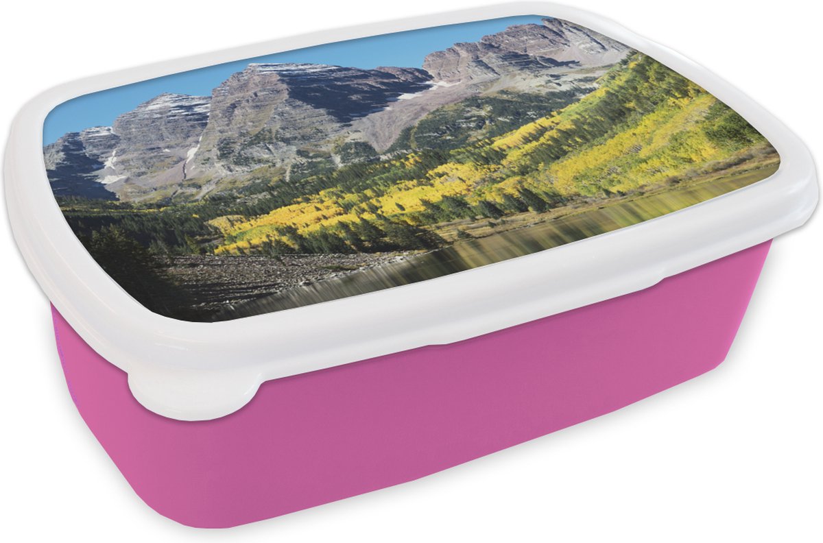 Broodtrommel Roze - Lunchbox - Brooddoos - Amerika - Rivier - Berg - 18x12x6 cm - Kinderen - Meisje