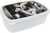 Broodtrommel Wit - Lunchbox - Brooddoos - Marmerlook - Meisje met de parel - Sigaretten - Toilet - Goud - Kunst - Oude meesters - 18x12x6 cm - Volwassenen