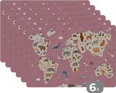 Placemat kinderen - Placemat - Placemats kunststof - Wereldkaart kinderen - Dieren - Aarde - Jongens - Meiden - Roze - 45x30 cm - 6 stuks - Hittebestendig - Anti-Slip - Onderlegger - Afneembaar