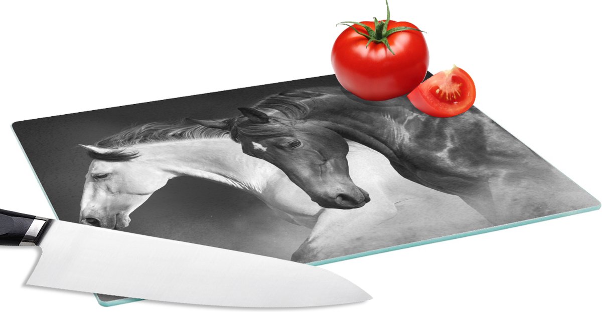 Glazen Snijplank - 28x20 - Paarden - Dieren - Zwart - Wit - Portret - Snijplanken Glas