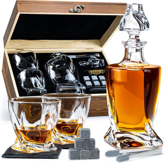 Whisiskey Whiskey Karaf - Whiskey Glazen - Luxe Whiskey Karaf Set - Decanteer Set - Whisky Set - Incl. 2 Twisted Glazen - Peaky Blinders - Cadeau