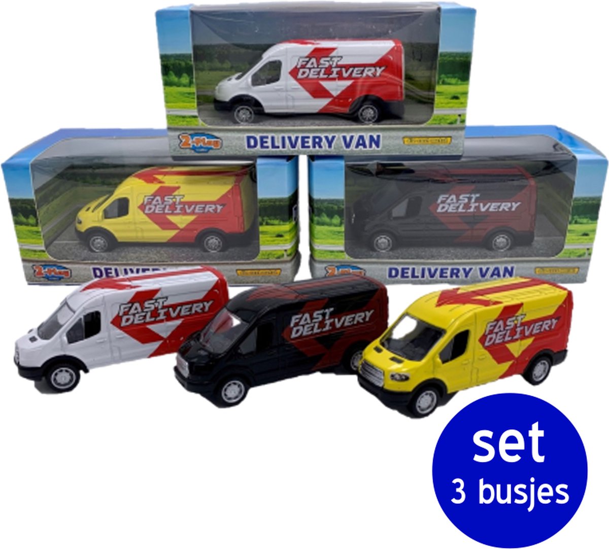 Speelgoed model pakketdienst auto - Ford Transit bestelbus - Modelbusje - Bezorgdienstbusje - 1:64 - Metaal - set van 3 stuks - Frictie aangedreven