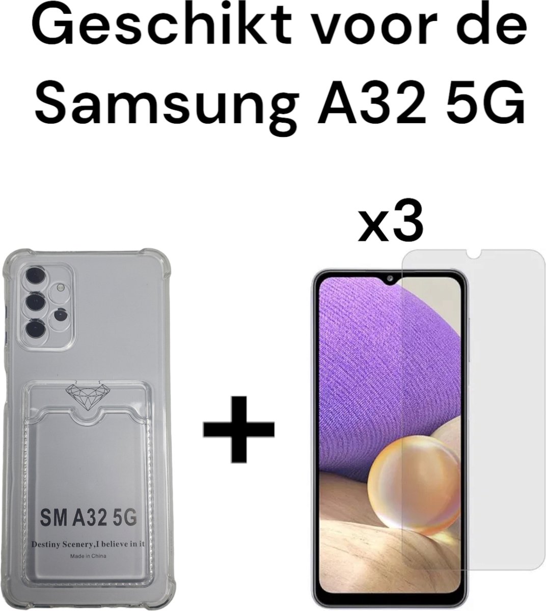 samsung a32 5G siliconen transparant hoesje antischok met pashouder + 3x screen protector samsung galaxy a32 5G antishock backcover doorzichtig achterkant with card holder + 3x tempered glas