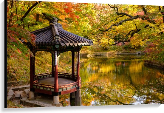 WallClassics - Canvas  - Gazebo bij een Vijver - Secret Garden - Seoul - 120x80 cm Foto op Canvas Schilderij (Wanddecoratie op Canvas)