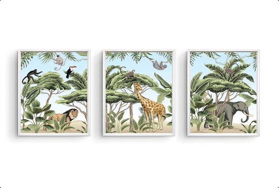 Postercity - Poster Set 3 Jungle Safari Leeuw Giraf Olifant Aapje aquarel / waterkleur - Jungle/Safari Dieren Poster - Kinderkamer / Babykamer - 70x50cm