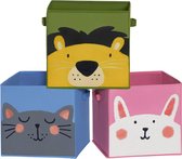 Opbergdozen, set van 3, vouwdozen, stoffen dozen met elk 2 handgrepen, opbergdozen, 30 x 30 x 30 cm, voor kinderkamers, speelkamers, dierenmotieven, blauw-groen-roze