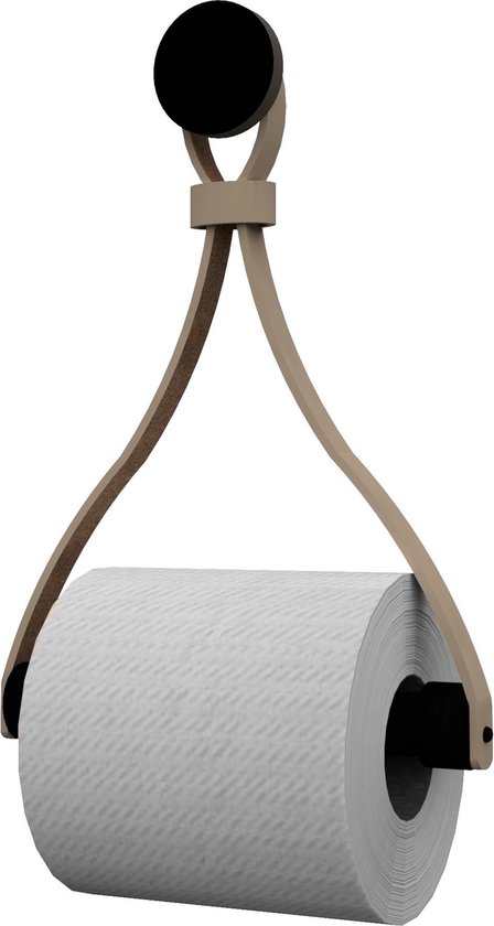 Porte-rouleau de papier toilette en cuir ' Triangle' - avec ventouse et vis - Handles and more® | SUÈDE GRIS - porte-rouleau : Roundwood - pommeau : Zwart