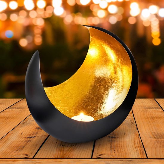 MAADES Lanterne éolienne lune orientale grand 20 cm or | Photophore vintage oriental noir à l'extérieur et doré à l'intérieur | Lanternes marocaines en métal comme décoration