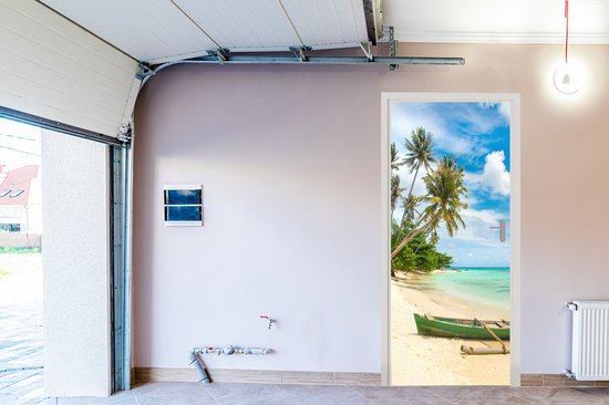 Deurposter 95x215 cm - Deursticker Strand - Kano - Palmboom - Tropical - Meubelfolie zelfklevend - Deurfolie woonkamer - Interieurfolie fotobehang - Deur plakfolie - Deurstickers - Deurbehang sticker - Kamer decoratie