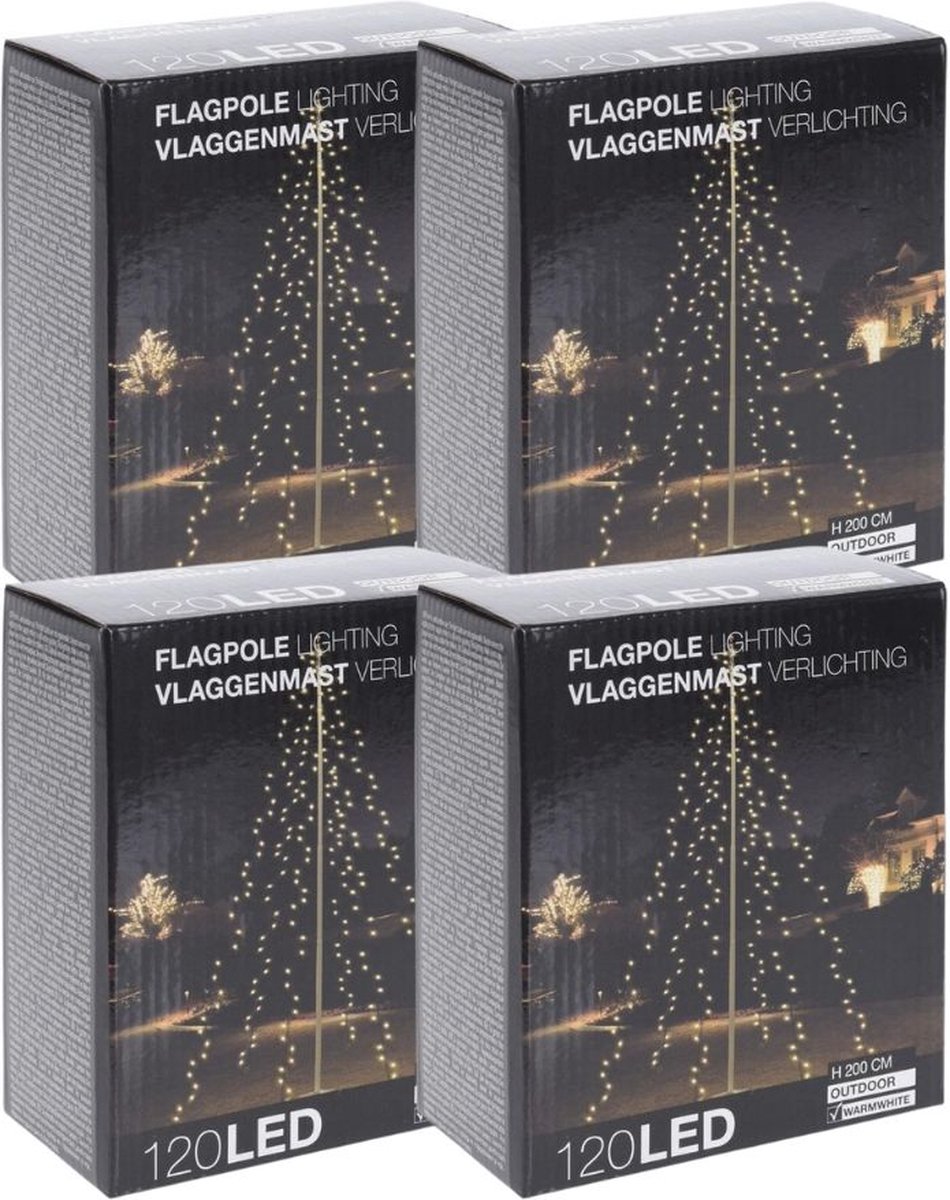 Kerstverlichting - Vlaggenmast - 4 stuks - 120 LED's - Hoogte: 200 cm - Warm wit