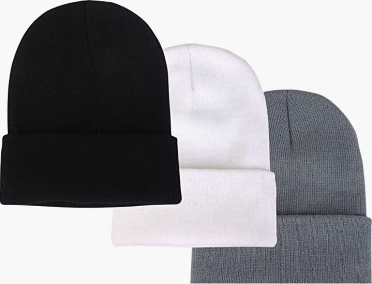 ASTRADAVI Beanie Hats - Muts - Warme Unisex Skimutsen Hoofddeksels - 3 Stuks Winter Mutsen - Zwart, Wit, Licht Grijs