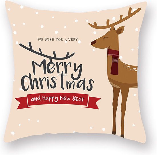 Without Lemon - Kerst Kussenhoes - Beige Reindier met "Merry Christmas and Happy New Year" - Kerst kussen - Kerstdagen - Feestdagen - Kerst - Decoratie - Woondecoratie - Kussenslopen - December - Cadeau