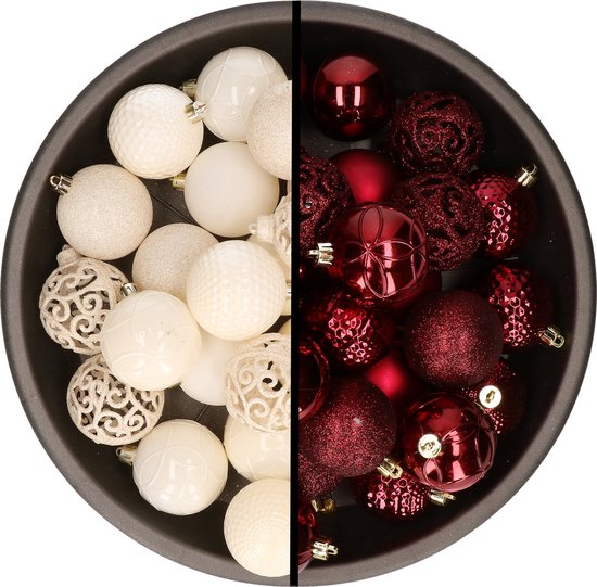 Kerstballen 74x stuks wol wit en donkerrood 6 cm kunststof