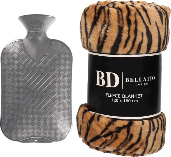 Bellatio Design - Fleece deken Tijger 120x160 cm + warmwater kruik 2L