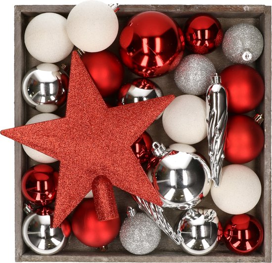 Kerstballen set - 45x st - met ster piek - rood,wit,zilver - kunststof |
