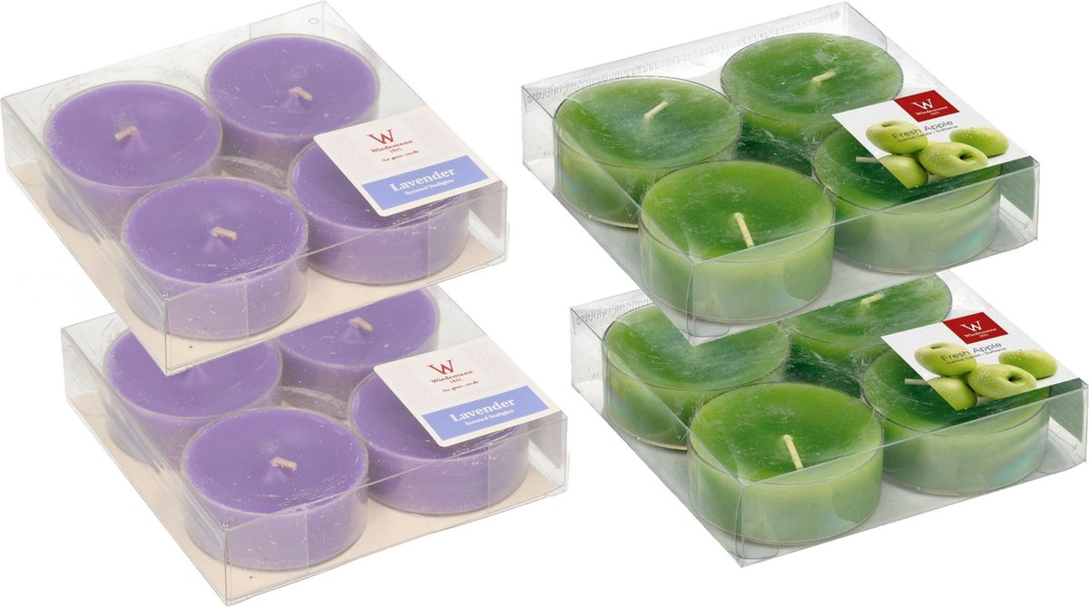 Trend Candles 16x max-size geurkaarsen theelichtjes lavendel en appel 8 branduren Multi