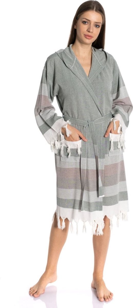 Lubna Home Dames Badjas SMALL-OCHTEND BADJAS -HAMAMDOEK STOF LICHT GROEN-SMALL