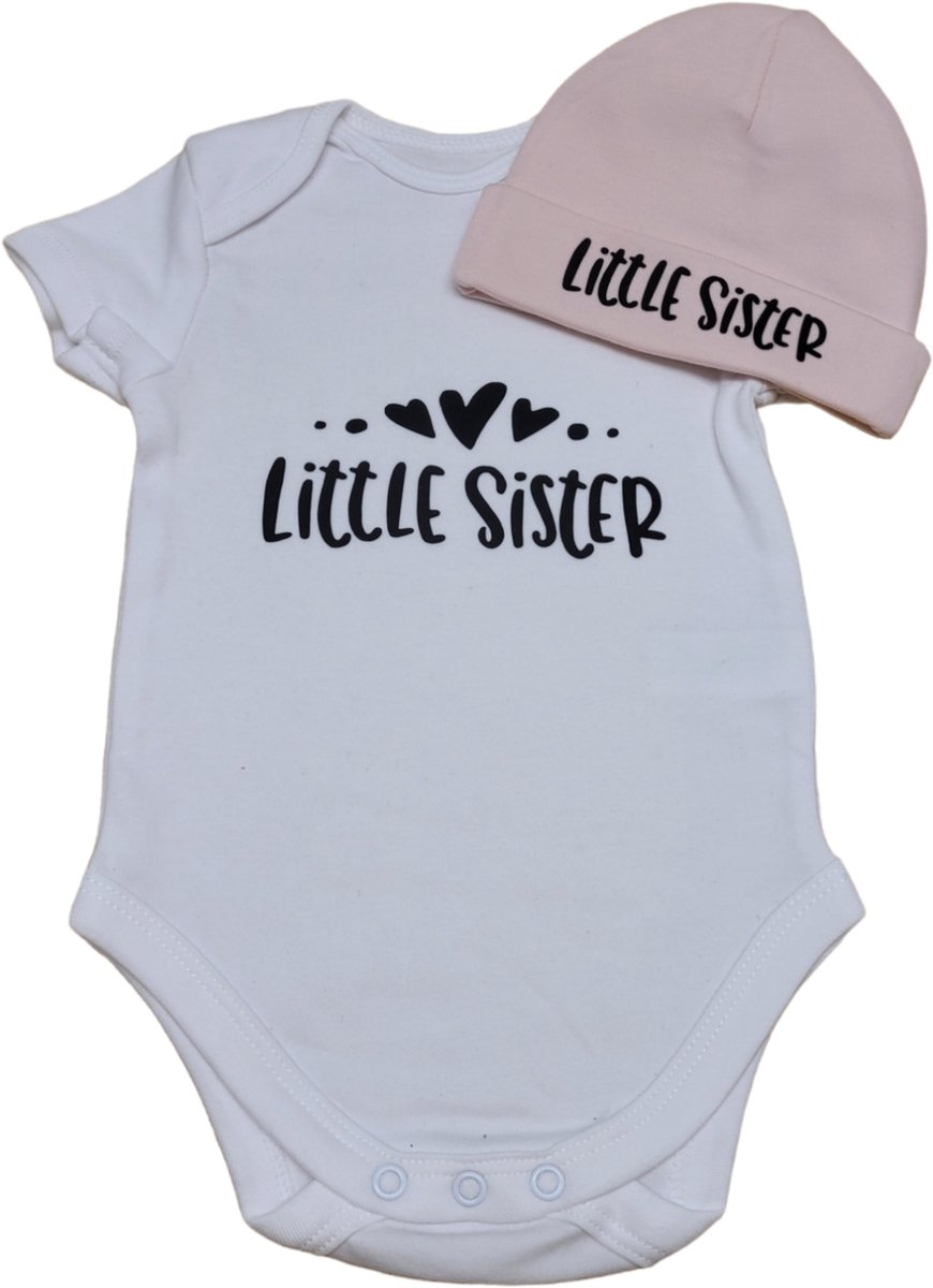 Goedkoopste Kraamcadeau - Setje - Romper en muts - Little sister - maat 62 - bedrukt