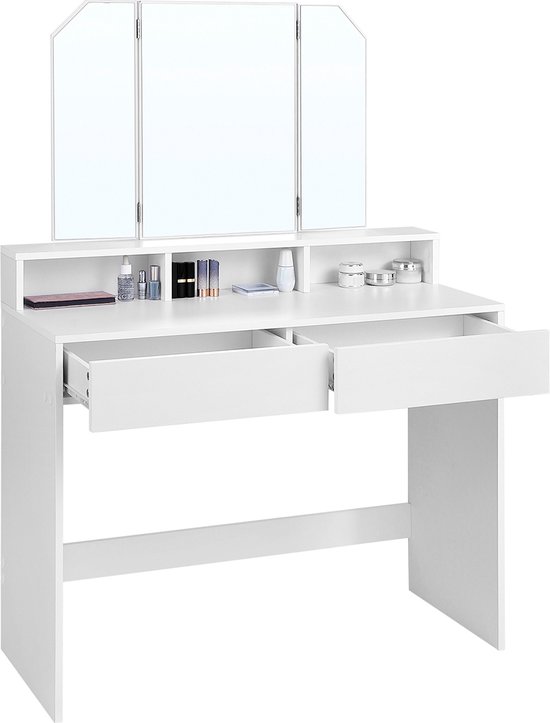Signature Home Zippy kaptafel met opklapbare spiegel - Make-up tafel met 2 lades - makeup tafel - met 3 open vakken - wit 100 x 40 x 142 cm