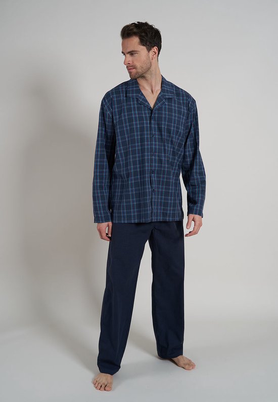Gotzburg heren pyjama met knoopjes - donkerblauw geruit - Maat: M