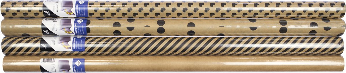 Kangaro cadeaupapier - kraft - 4 dessins assorti - 70x200cm - 60 rol - K-95940