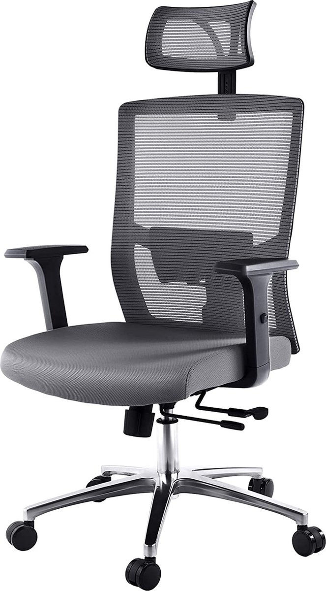 FOXSPORT Bureaustoel - ergonomische bureaustoel - draaistoel met hoge rugleuning - lendensteun - verstelbare hoofdsteun - armleuning- en wipfunctie - mesh thuiskantoor - metalen basis - Zitdiepte verstelbaar - Grijs