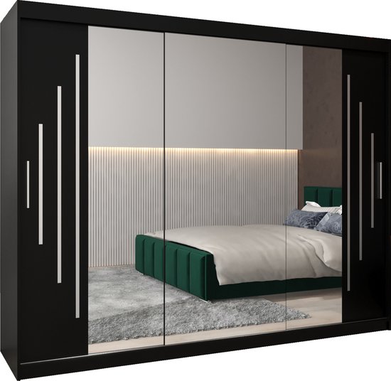 InspireMe - Kledingkast met 3 schuifdeuren, Modern-stijl, Een kledingkast met planken en een spiegel (BxHxD): 250x200x62 - MALTESE II 250 Zwart Mat